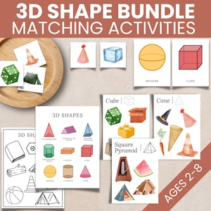 Op de afbeelding: Een set printbare 3D-vorm-matching-activiteiten voor kinderen van 2 tot 8 jaar. De kaarten bevatten illustraties van verschillende 3D-vormen, waaronder een kubus, een bol, een kegel en een vierkante piramide. De kaarten zijn ontworpen om kinderen te helpen verschillende 3D-vormen en hun namen te leren kennen.