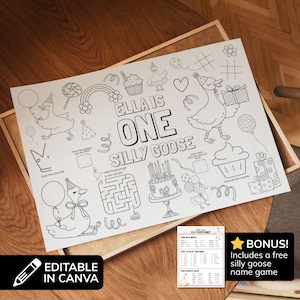 Könnte beinhalten: Ein Schwarz-Weiß-Ausmalbogen mit dem Text "ELLA IS ONE SILLY GOOSE". Das Blatt zeigt Illustrationen von Gänsen, Luftballons, Cupcakes, einem Regenbogen und einer Geburtstagstorte. Enthält ein Bonus-Spiel mit lustigen Gänse-Namen.