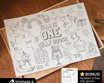 Editable One Silly Goose Coloring Sheet Party Favor Printable, Customizable First Birthday Activity Placemat Kids, Game Idea Page Boys Girls