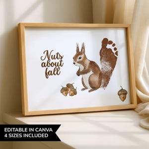 May include: A framed print featuring a watercolor illustration of a squirrel with acorns. The text "Nuts about fall" is written in brown script. The print is in a light wood frame and includes the text "EDITABLE IN CANVA 4 SIZES INCLUDED".