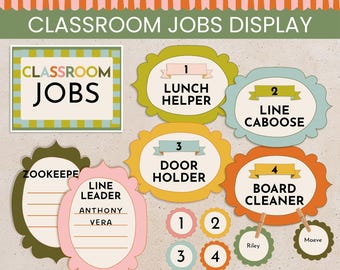Editable Classroom Job Chart for Kindergarten & Preschool with Posters Cards + Badges, Whimsical Classroom Decor Jobs Display Printable PreK