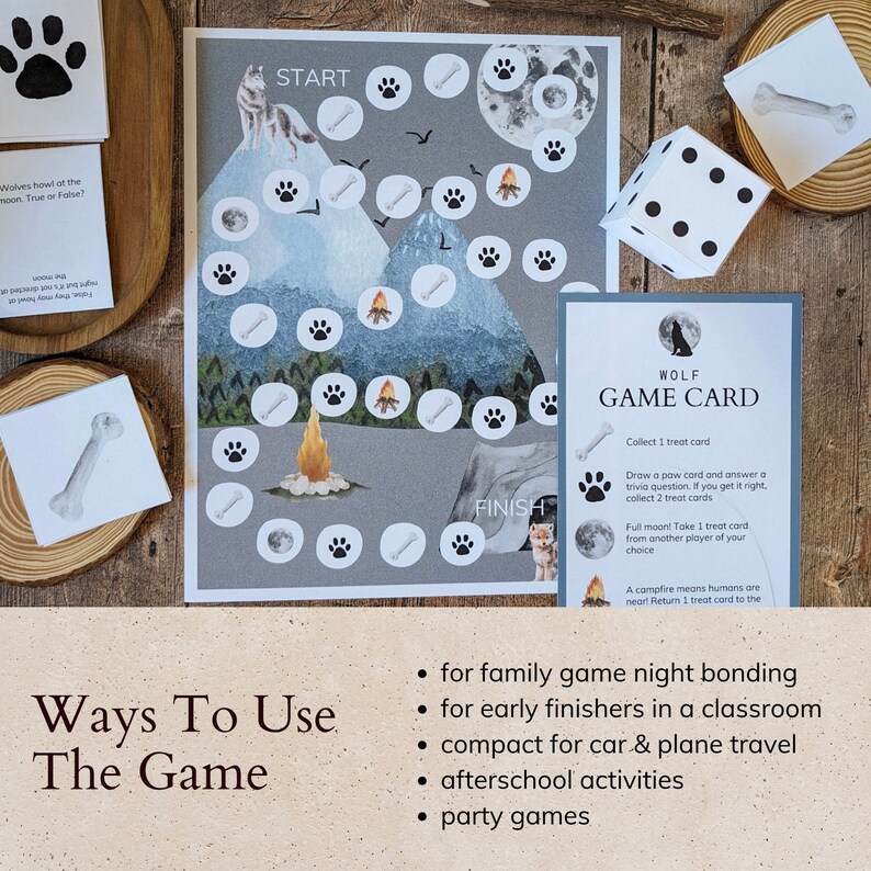 May include: A game board with a wolf theme. The board features a path with paw prints, bones, and full moons. The game includes a game card with instructions and a dice. The text on the game card reads "Wolf Game Card". The text on the board reads "Start" and "Finish".