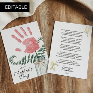 Modèle de carte empreinte de main fête des mères, poème imprimable empreinte de main fleur, bouquet de maman plusieurs enfants cadeau pour maman, artisanat d'art pour bébé en bas âge