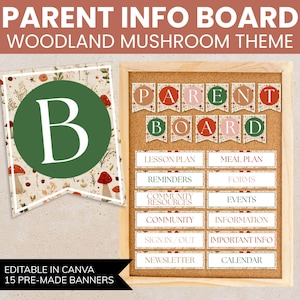 May include: A wooden framed corkboard with the words "PARENT INFO BOARD" and "WOODLAND MUSHROOM THEME" at the top. The board includes a banner with a large green "B" and mushroom illustrations. Below are labeled sections for lesson plans, reminders, and more.