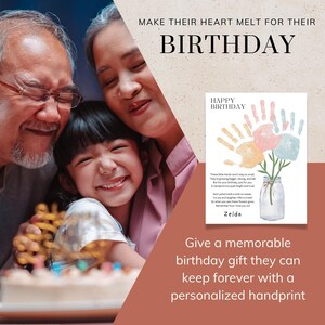 May include: A white rectangular print featuring a handprint bouquet in a glass jar with the text HAPPY BIRTHDAY, a poem, and the name Zelda. The handprints are in shades of yellow, pink, and blue, with green stems tied with a brown string.