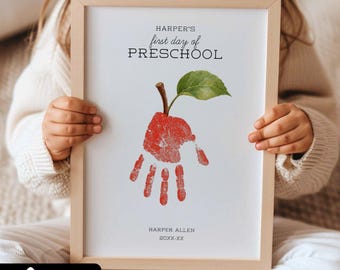 First Day of School Handprint Keepsake Printable, Apple Hand Print Art, Editable Back to School Craft Photo Prop Personalized Preschool Sign