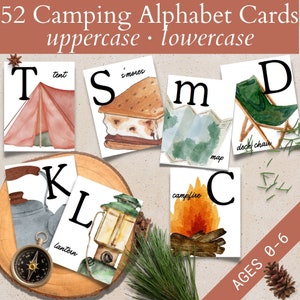 Camping Alphabet Flash Card imprimible, Naturaleza Aula Decoración Preescolar, DIY Baby Shower Gift Boy, Aventura ABC Flashcard, A-Z Digital PreK