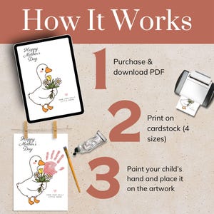May include: An instructional graphic with the text "How It Works". It shows a digital tablet and a printed card with a cartoon goose holding flowers. Steps include downloading a PDF, printing on cardstock, and adding a handprint.