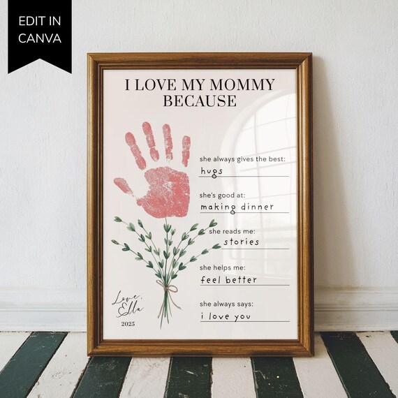 Mothers Day Handprint I Love My Mom Because Printable, Last Minute Gift Idea, Sentimental Mom Gift from Kid, About My Mommy from Preschooler