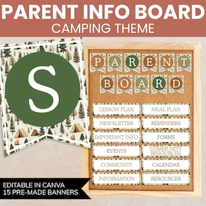 Puede incluir: Un tablón de información para padres con temática de camping. El tablero incluye pancartas y etiquetas prefabricadas para planes de lecciones, boletines informativos y recursos comunitarios. Una pancarta con una gran "S" blanca está a la izquierda.