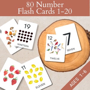 Cartões flash com números da natureza, imprimíveis de matemática pré-escolar, cartões fofos Manipuladores de matemática Montessori, objetos de contagem, número de sala de aula 1-20