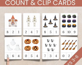 Puede incluir: Un conjunto de diez tarjetas de conteo con temática de Halloween con pinzas para sujetar. Cada tarjeta presenta una imagen diferente de Halloween, como una casa encantada, esqueletos, sombreros de bruja, calderos, fantasmas, calabazas, gatos y escobas. Los números del 1 al 10 están impresos en cada tarjeta, junto con el texto "1-10 HALLOWEEN COUNT & CLIP CARDS" y "AGES 3-6".