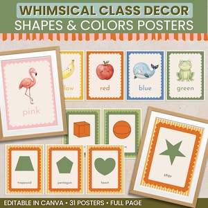 May include: A set of educational posters featuring colors and shapes with illustrations of a flamingo, banana, apple, whale, frog, cube, sphere, trapezoid, pentagon, heart, and star. The text includes labels like pink, yellow, red, blue, green, and star.