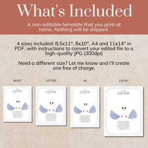 May include: Printable Easter card template featuring a cute chick hatching from an egg. The card includes the text "Happy Easter" and a short poem. Four sizes are included: 8.5x11 inches, 8x10 inches, A4, and 11x14 inches.