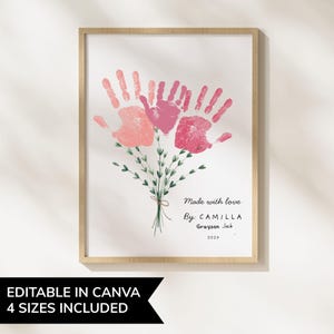 Op de afbeelding: Een ingelijste print met een boeket handafdrukken in roze en rood, met groen blad gebonden met touw. De tekst "Made with love By: CAMILLA Grayson Jack 202X" is inbegrepen. De lijst is licht van kleur. De tekst "EDITABLE IN CANVA 4 SIZES INCLUDED" is aanwezig.