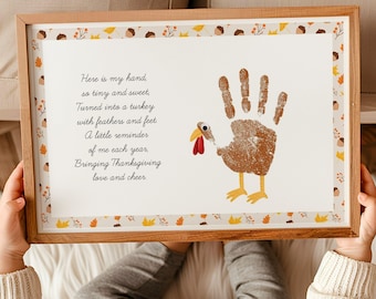 Modello per lavoretti con le impronte delle mani per il Ringraziamento per bambini, tovaglietta stampabile con impronte delle mani di tacchino, arte autunnale con impronte delle mani per bambini piccoli, regalo di poesia autunnale per la mamma