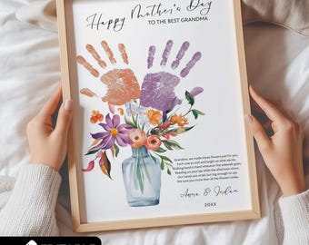 Mothers Day Handprint Poem for Grandma from 1 2 3 or 4 Kids, Hand Print Flower Bouquet Gifts for Nanna, Best Grammy Gift Ideas Toddler Craft