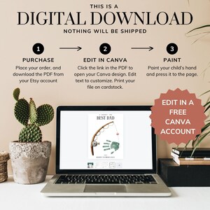 May include: A digital download instruction graphic for a DIY handprint craft. The text reads: THIS IS A DIGITAL DOWNLOAD, NOTHING WILL BE SHIPPED. 1 PURCHASE, 2 EDIT IN CANVA, 3 PAINT. A laptop screen displays a fishing-themed handprint art template.