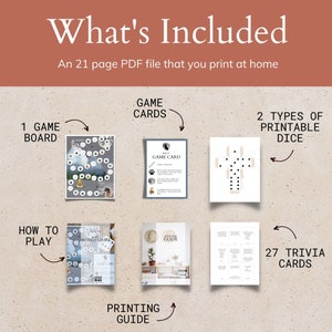 May include: A printable PDF file for a board game with a wolf theme. The file includes a game board, game cards, printable dice, trivia cards, and a printing guide.