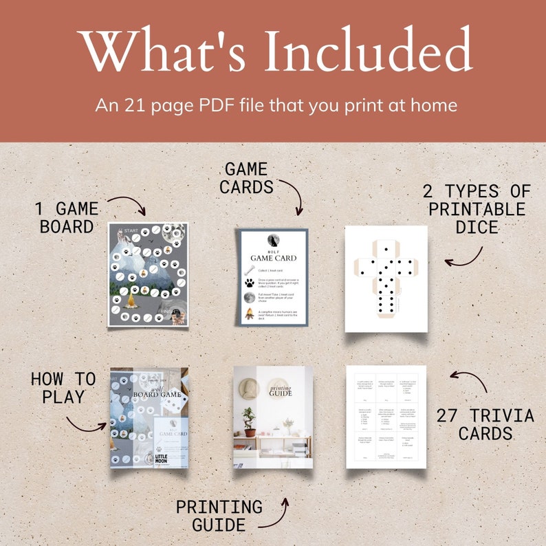 May include: A printable PDF file for a board game with a wolf theme. The file includes a game board, game cards, printable dice, trivia cards, and a printing guide.