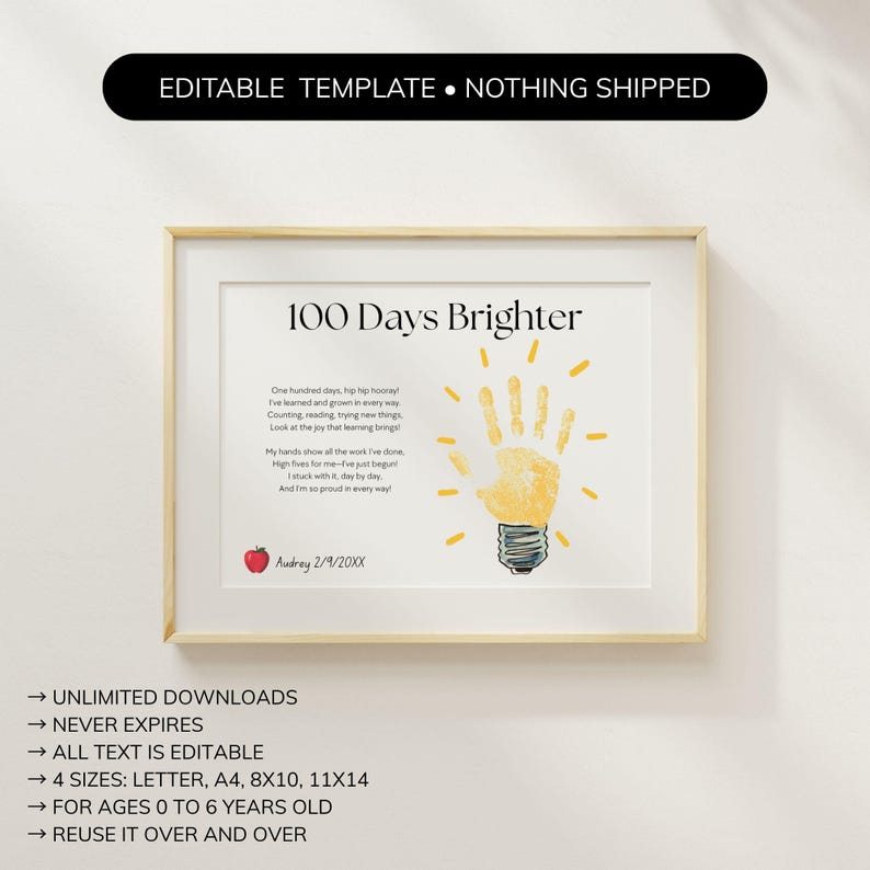 100 Days Brighter Handprint Art Poem, 100th Day of School Activity ...