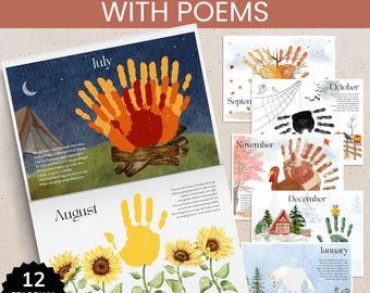 Handprint Memory Book with Poems, Toddler Monthly Craft, Summer Handprint Poem for August, Baby Monthly Hand Print Art Printable for Kids