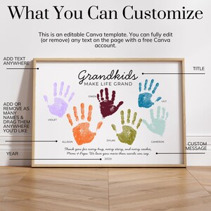 May include: An editable Canva template featuring the text Grandkids MAKE LIFE GRAND, six colourful handprints labelled with names, and a custom message. The design includes placeholders for a year and allows for full text customisation.
