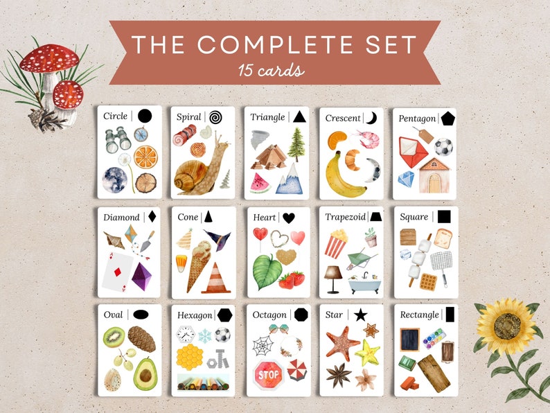 May include: A set of 15 illustrated cards featuring different geometric shapes, each with a corresponding image. The cards are white with black borders and feature a variety of colorful illustrations, including a snail, a banana, a heart, a cone, a diamond, a star, and a crescent moon. The cards are labeled with the name of the shape and a black silhouette of the shape.