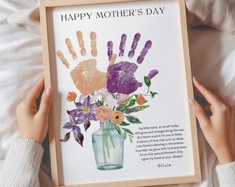 Mothers Day Handprint Art Printable Craft, Hand Print Flower Bouquet Gift for Mom from Preschooler, DIY Kids Activity from 2 Kids Toddler