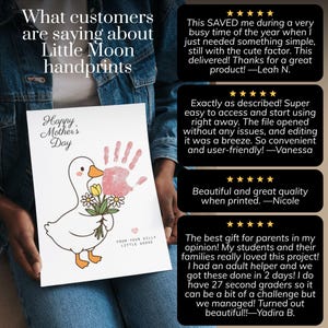 May include: A white card with a handprint and a cartoon goose holding flowers, with the text "Happy Mother's Day". The card also includes the text "From your silly little goose".
