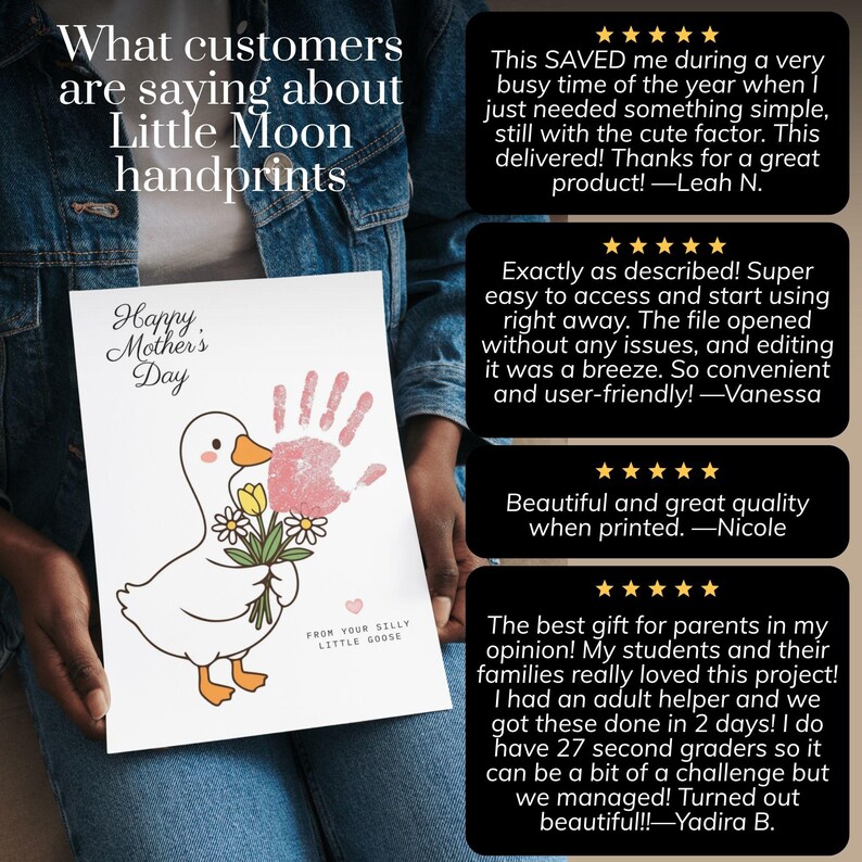 May include: A white card with a handprint and a cartoon goose holding flowers, with the text "Happy Mother's Day". The card also includes the text "From your silly little goose".