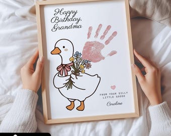 Silly Goose Happy Birthday Handprint Art for Kids, Grandma Birthday Hand Print Craft from Toddler Printable, Flower Gifts for Nana from Baby