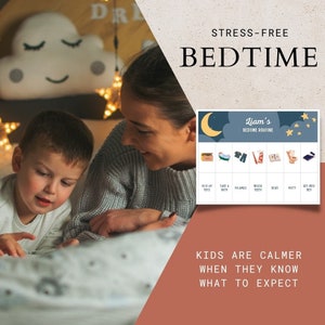 Op de afbeelding: Een blauw en wit ge&iuml;llustreerd schema met de tekst "Liam's Bedtime Routine" en pictogrammen voor het opruimen van speelgoed, baden, pyjama aantrekken, tanden poetsen, een boek lezen, naar de wc gaan en naar bed gaan.