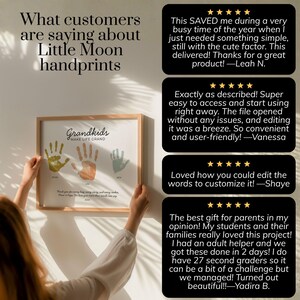May include: A framed print titled Grandkids Make Life Grand featuring three handprints in yellow, orange, and green. The text includes names and a quote. Four customer reviews with five-star ratings are displayed on the right side of the image.