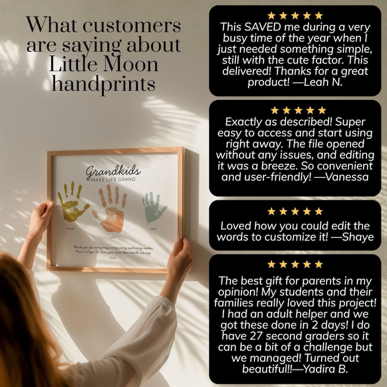 May include: A framed print titled Grandkids Make Life Grand featuring three handprints in yellow, orange, and green. The text includes names and a quote. Four customer reviews with five-star ratings are displayed on the right side of the image.