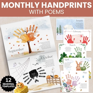 Handprint Memory Book by Month, Monthly Handprint with Poems Printable, Four Season Poster Preschool, Year Round Hand Print Craft Bundle Art