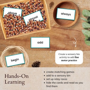 Peut inclure: Un plateau en bois rempli de haricots et de cartes color&eacute;es avec les mots "above", "almost", "always", "begin" et "add". Le texte "Create a sensory bin activity to add fine motor practice" est &eacute;crit sous le plateau. Le texte "Hands-On Learning" est &eacute;crit sous le texte. Une liste d'activit&eacute;s est &eacute;crite sous le texte : "create matching games", "add to a sensory bin", "set up relay races", "hide the cards and read as you find them".
