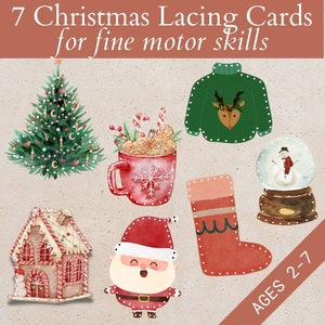 Weihnachtsschnürkarten, Weihnachten OT Aktivität für Kinder, Druckbare Kleinkind Threading, Vorschule Spitzenkarte, Lernkarte, Montessori PDF