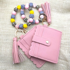 Softball/Baseball Wristlet keychain wallet, Bracelet Keychain, Baseball/Softball silicone beads in Pink - FREE customization