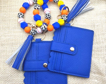 Softball/Baseball Wristlet keychain wallet, Bracelet Keychain, Baseball/Softball silicone beads in Blue and Orange - FREE customization