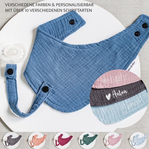 Musselintuch Baby mit Namen und Schnullerband Set, Schnullerkette Set / Dreieckstuch, Spucktuch, Halstuch, Babyhalstuch, Geschenkset Baby