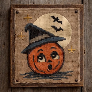 May include: Cross-stitch Halloween artwork featuring an orange pumpkin wearing a witch hat, set against a full moon with bats. The artwork is framed in a rustic wooden frame, with gold star accents.