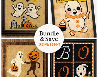 Halloween Ghost Cross Stitch Bundle | Primitive Spooky PDF Patterns (Set of 4) ハロウィン