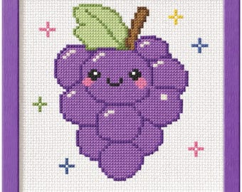 Kawaii Grapes Cross Stitch Pattern | Pastel ABC DMC Chart (PDF Download)