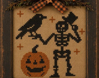 Crow & Bones, Halloween Skeleton Cross Stitch Pattern | Easy Beginner Rustic, Vintage Style Chart (PDF)