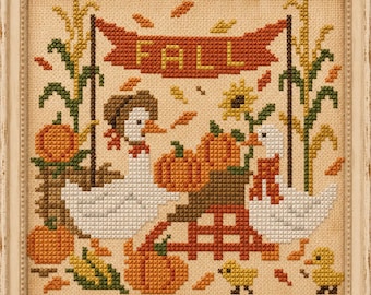 Goose’s Fall Gathering, Autumn Duck, Goose PDF Cross Stitch Pattern, IMMEDIATE DOWNLOAD