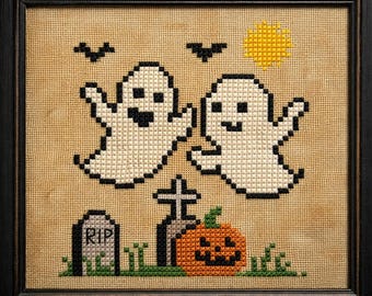 Graveyard Giggles Cross Stitch Pattern, Primitive Halloween Ghosts, Pumpkin, Spooky Cemetery Scene (PDF Download)