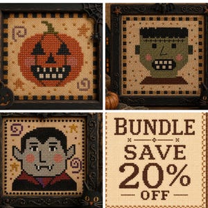 May include: A set of three framed cross-stitch patterns featuring a pumpkin, a green monster, and a vampire, each with a black and tan checkered border. The fourth panel displays the brown text BUNDLE SAVE 20% OFF on a tan fabric background.