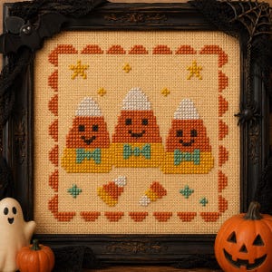 Trío de caramelos de maíz, Halloween adorable y espeluznante, patrón de punto de cruz en PDF, DESCARGA INMEDIATA