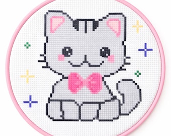 Kawaii Kitty Cross Stitch Pattern | Easy Beginner Colorful Cat Chart (PDF)